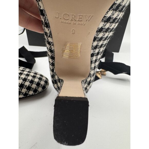 J. Crew Houndstooth Pumps Size 9 Made In Italy Ankle Wrap Bow Ribbon Heels Shoes - Picture 14 of 16